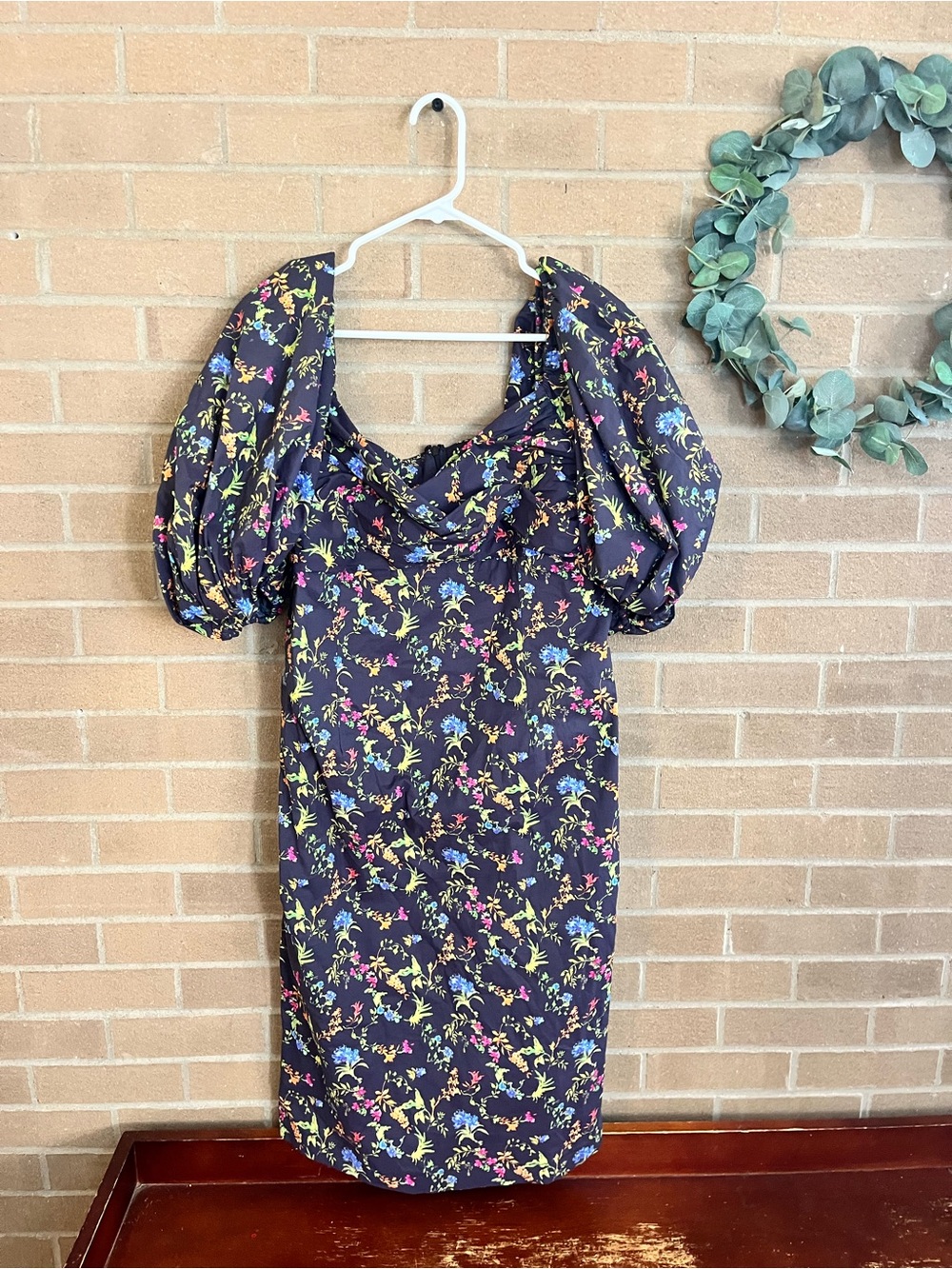 Caroline Constas Black Floral Puff-Sleeve Midi Dress
